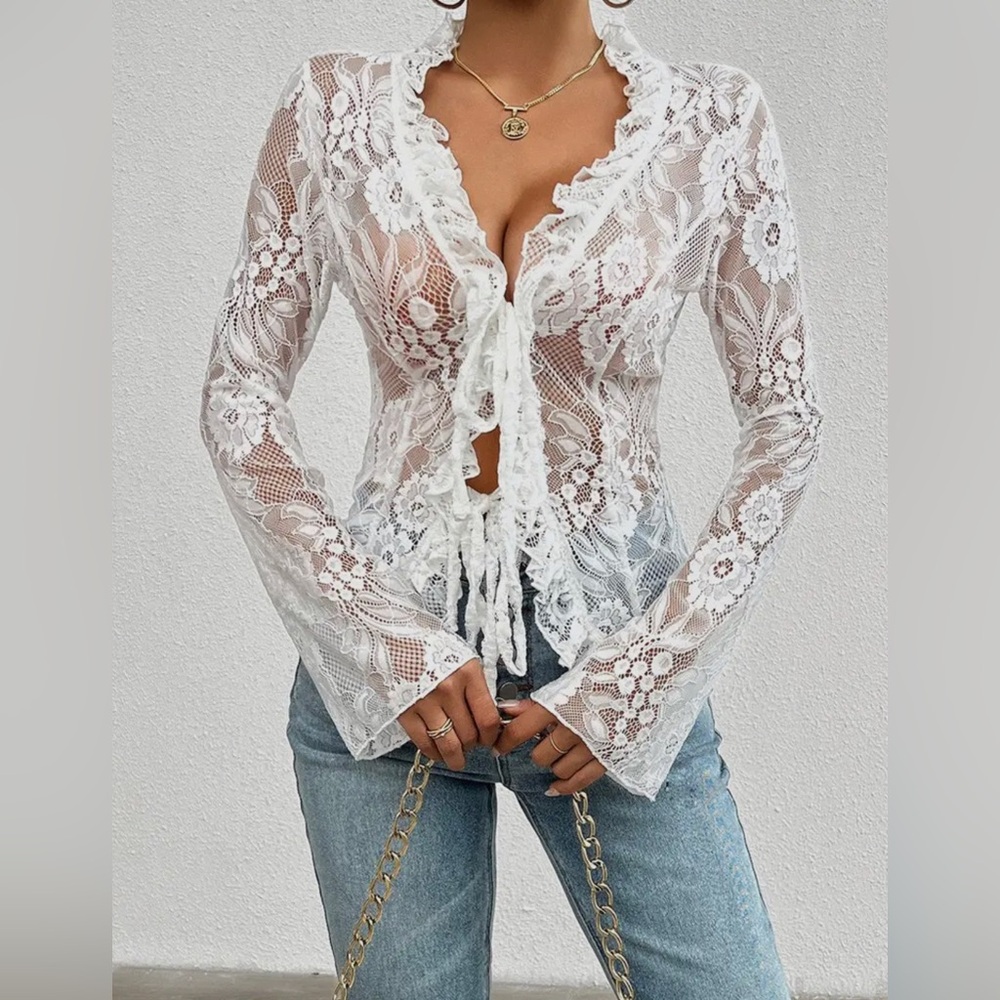 Passion Sexy Low Cut Long Sleeve Lace Solid Color Blouse - Picture 5 of 6